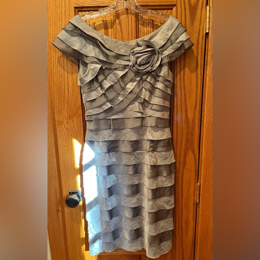 London Times Gray Ruffled Dress
